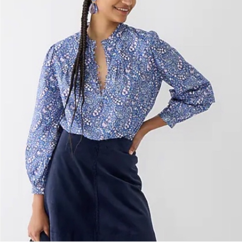 J.Crew Liberty Print Button-Front Ruffle-Neck Popover In Bourton Bloom